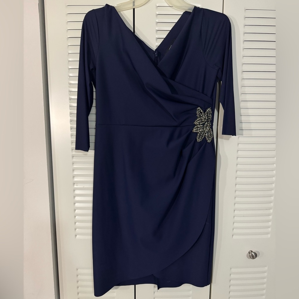 Alex Evenings Navy Long Sleeve Dress with Embellishment